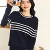 Suéter de Tricô de Algodão Puro com Blocos de Cor Listrados para Mulheres, Novo Estilo Primavera/Verão, Gola Redonda, Versátil, Manga Longa, Camisa Básica de Caimento Solto