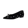 Zapatos franceses súper bonitos de punta fina, nuevo estilo primavera y otoño, zapatos de mujer con lazo poco profundo, zapatos negros de gamuza de tacón bajo con pedrería