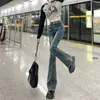 Calça Jeans Micro-La Feminina Outono e Inverno Cintura Alta Estilo Hong Kong Senso de Design Ferradura Stretch Nova Moda Spice Girls Calça Flare Slim