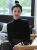 Camiseta Base Negra de Punto para Mujer, Estilo Francés, Cuello Semi-Alto, Manga Larga, para Primavera, Otoño e Invierno, Versátil, Envío Directo