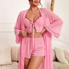 Conjunto de lencería sexy de comercio exterior europeo y americano: camisola de malla transparente, shorts, bata, bordado, ropa de dormir seductora para casa
