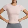 Camiseta de yoga básica de manga corta y cuello redondo para mujer, ajustada, de secado rápido, adelgazante, transpirable, ligera y portátil, camiseta deportiva