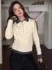Camisa Base de Punto Blanca de Manga Larga con Cuello, Estilo Coreano, Falso Dos Piezas para Mujer, Suéter Corto para Otoño e Invierno con Camisa Polo Debajo