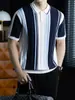 "Design Color Block Listrado" Verão Leve Estilo de Negócios Fresco e Respirável Old Money Masculino Simples Camisa Polo de Tricô de Manga Curta