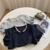 Camiseta de Manga Corta Versátil con Cuello de Encaje Retro y Botones para Mujer con Base Interior Elástica de Canalé, Top Tendencia de Verano