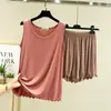 Conjunto de duas peças adequado para usar por cima de outras roupas, conjunto de pijama plus size para mulheres, shorts de verão com babados, roupa para ficar em casa, regata solta de modal