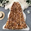 Falda de Moda Plisada Elástica Vintage Estampada para Mujer, Falda de Cintura Alta Línea A, Falda Larga para el Trabajo con Dobladillo Ancho y Caída, Verano