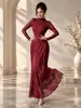 Vestido de Festa Longo de Renda Outono e Inverno para Comércio Exterior Europeu e Americano, Gola Semi-Alta Manga Longa Emagrecedor Valorizador Barra Larga