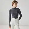 Suéter de cashmere canelado de gola semi-alta simples e elegante para mulheres, cor sólida, caimento justo, macio, suéter base de lã de manga comprida