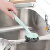Nuevo Cepillo para Lavar Ollas con Mango, Cepillo para Ollas con Cabezal Reemplazable, Cepillo de Cocina, Cepillo para Lavar Platos con Mango de Plástico, Bola Limpiadora, Cepillo de Bola de Alambre de Acero
