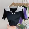Camiseta Polo Manga Curta com Costura em Cor Contrastante Feminina Curta Elegante Fio de Seda Gelada Slim Gola Lapela Malha Top Verão