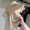 Comércio Exterior Transfronteiriço Atacado Verão 92% Algodão Elegante Cintura Marcada Cobre a Barriga Cor Sólida Manga Curta Camiseta Camisa Básica Feminina