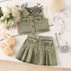 Comércio Exterior Roupas Infantis Conjunto Jeans para Meninas, Novo Estilo Primavera/Verão Colete sem Mangas e Saia Curta Plissada Conjunto de Duas Peças, Direto da Fábrica
