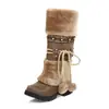 Botas de Nieve para Otoño e Invierno, Botas de Algodón de Tacón Medio con Pompón de Piel, Botas de Caña Alta para Niños Mayores y Estudiantes, Botas Cálidas, Botas de Caballero Estilo Étnico