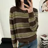 Suéter de punto calado a rayas de bloques de color con cuello redondo moderno para mujer, nuevo suéter de estilo coreano de corte holgado 2026, top base para otoño