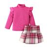Roupa Infantil Baopai Estilo College Europeu e Americano Outono e Inverno Feminino Gola Alta Renda Manga Longa Xadrez Cintura Marcada Saia Curta Conjunto Infantil
