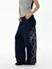 Pantalones Deportivos de Chándal con Bordado de Letras Retro Americano para Mujer Otoño Invierno Marca de Moda Azul Oscuro Cintura Elástica Casual Sueltos Pierna Recta
