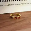Anillo Abierto Vintage Dulce Chica Lujo Ligero Dorado Rojo Vino Esmalte Corazón Lazo Oso Anillo Apilable de Nicho para Mujeres