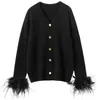 Cardigan de Punto de Cachemira Holgado de Manga Larga con Cuello en V Puños Plumas de Avestruz Moda Elegante Estilo Suave que Conmueve el Corazón Top Largo