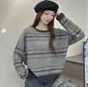 Suéter jacquard listrado verde retrô para mulheres, nova coleção outono/inverno 2026, modelagem solta, gola redonda, blusa de tricô pulôver