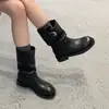 Botas vaqueras retro de tacón grueso para mujer, estilo nuevo Otoño 2026, correa con hebilla, aumento interno de altura, botines plisados