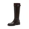 Botas de Caballero de Cuero de Vaca Completas Amplias de 40 cm para Pantorrilla Gruesa Invierno 2026 Tacón Bajo Grueso Hebilla Cuero Genuino Botas Altas Mujer