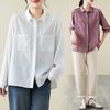 Tiro Real Diseño Simple Original Nuevo Color Sólido Lyocell Bolsillo Doble Versátil Adelgazante Holgada Camisa de Manga Larga para Mujer