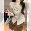 Cardigã de tricô com decote V e detalhes em renda estilo Miu para mulheres, blusa de base em veludo Andy
