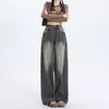 Jeans Anchos Lavados Vintage para Mujer Primavera Delgados de Cintura Alta Estilo Americano Rectos para Personas Pequeñas y Perezosas Pantalones Anchos tipo Mopa
