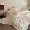 RetroismEstilo Francês de Luxo Feminino Linho Algodão Estilo Princesa Bordado Conjunto de Cama de Quatro Peças com Bordas Franzidas