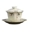 Juego de Gaiwan de Pared Delgada con Flores de Cerezo Pintadas a Mano de Tres Piezas Set de Té Gongfu de Porcelana Blanca Lanolina Uso Individual en Casa Herramienta para Preparar Té de Alto Valor Estético