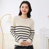 Nuevo Tejido de Punto Básico para Mujer de Algodón, Cuello Redondo, Manga Larga, Media Longitud, Rayas, Simple y Versátil, Holgado, Casual