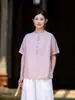 2026 Retro Novo Estilo Chinês Camisa de Manga Curta com Botões Feminina Verão Algodão Linho Fino Estilo Nacional Top para Cerimônia do Chá Camiseta Solta