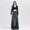 Jeans Vintage de Cintura Alta Wide Leg Feminino 2024 Novo Outono e Inverno com Forro de Lã Calças Retas Soltas Preguiçosas para Homens Baixos