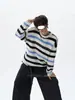 Suéter Listrado Color Block Americano Gola Redonda Masculino Outono Inverno Retrô Nicho Preguiçoso Tricô Solto Emagrecedor Suéter de Lã