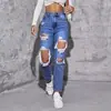 Pantalones de mezclilla casuales rotos de cintura alta