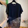 Camiseta de Malla con Encaje Patchwork de Verano de Longitud Media para Mujer Tallas Grandes, Manga Corta, Corte Holgado, Top para Abrigo