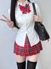 Uniforme JK Estilo Academia Japonesa Camisa Branca de Manga Longa com Decote em V com Design Acinturado, Conjunto Versátil de Saia Xadrez, Sem Amassar e Doce