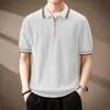 Camisa Polo jacquard com textura fresca e sedosa para homens, camiseta leve e respirável de manga curta para o verão com gola de lapela