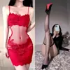 Lencería Sexy Popular Estilo Francés Pura Pasión Malla Empalmada Camisón con Liguero Vestido de Encaje Soluble en Agua Falda Corta