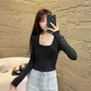 Top liso de manga larga ajustado con cuello en U para mujer, nuevo estilo coreano de otoño, camiseta elegante de cintura alta
