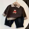 Suéter de Urso de Desenho Animado para Meninos Outono/Inverno Novo Estilo Coreano Camisa Polo Color Block para Meninas Blusa Pulôver para Crianças Pequenas