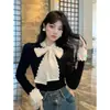 Top de tricô curto com laço de renda, design OEM para mulheres, novo estilo outono e inverno, elegante e chique