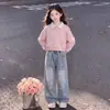 Conjunto de Chicas 2026 Estilo Universitario Top con Cuello Polo Jeans con Lazo Conjunto de Dos Piezas de Moda Tendencia