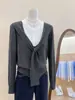 Chal de Punto de Color Contrastante Estilo Delgado Atractivo para Mujer Otoño 2025 Falso Dos Piezas Camisa Base Ajustada Top
