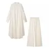 Conjunto de dos piezas para mujer: vestido largo de rayas y pantalones de pierna ancha, simple, adelgazante, holgado, atuendo conservador para vacaciones, transfronterizo