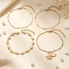 Conjunto de Tobilleras de Cuatro Piezas Transfronterizo Europeo y Americano Cadena de Perlas Combinación de Estrella de Mar y Concha Tobillera Personalidad Estilo Vacaciones Tobillera de Concha de Abanico