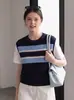 Top de punto a rayas con bloques de color estilo coreano, imitación de dos piezas, para mujer, verano, hombro normal, cuello redondo, manga corta, camiseta top 429