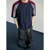Camiseta de Manga Curta com Três Listras, Algodão 100% Puro, Peso Pesado, Estilo Americano, para Homens e Mulheres, Caimento Solto, Top Casual da Moda Versátil para o Verão
