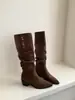 Botas Apiladas de Dos Vías con Pliegues Estilo Coreano Botas Altas para Mujer Otoño/Invierno 2026 Retro Tacón Medio Grueso Punta Fina Botas Hasta la Rodilla